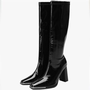 Black Patent Knee-High Block Heel Boots. Public Desire brand. Vegan Leather.